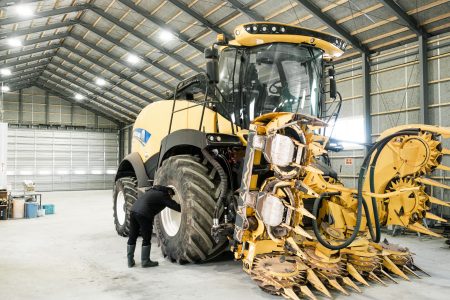 自社育成の飼料を収穫するコンバイン。人の身長とタイヤの大きさが同じくらいの大きさです！